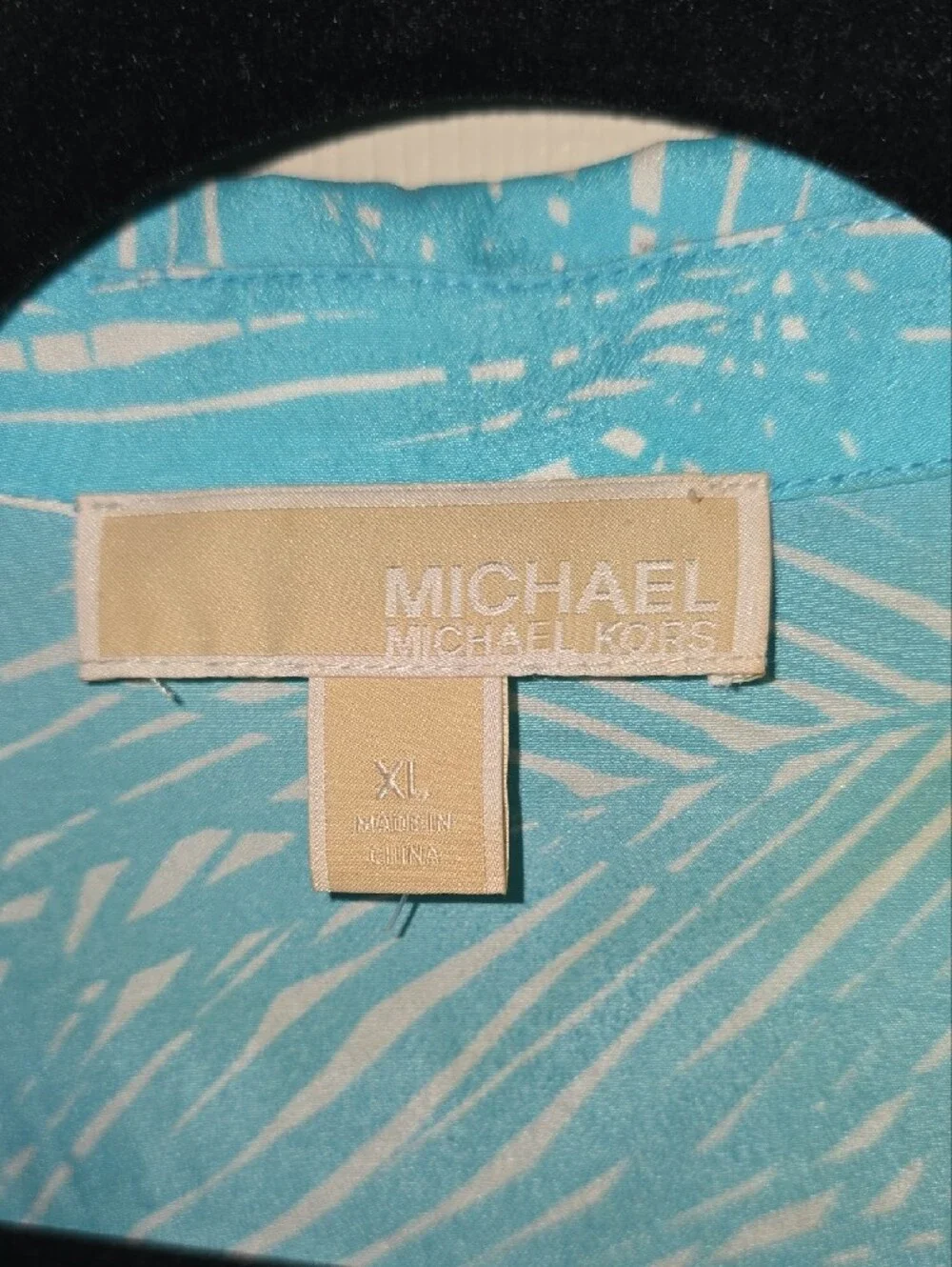 Michael Kors Light Blue and White Palm-Print Zip Front Blouse